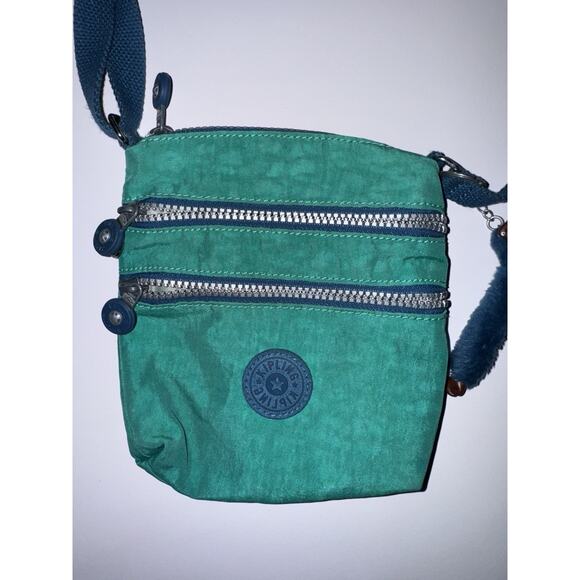 Kipling Crossbody 3 Pocket Mini Purse Bag Monkey Charm Turquoise Teal Blue Green - Picture 2 of 7